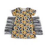 Short sleeve sunflower tassels girls western dresses