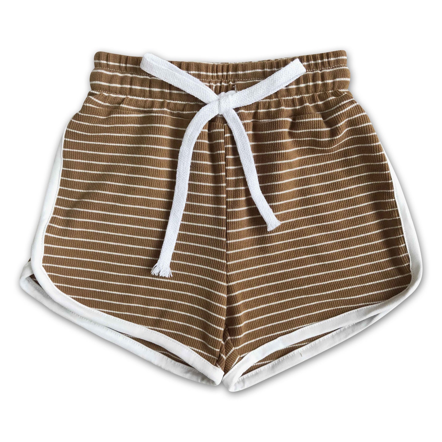 High quanlity cotton dark brown stripe drawstring girls summer shorts