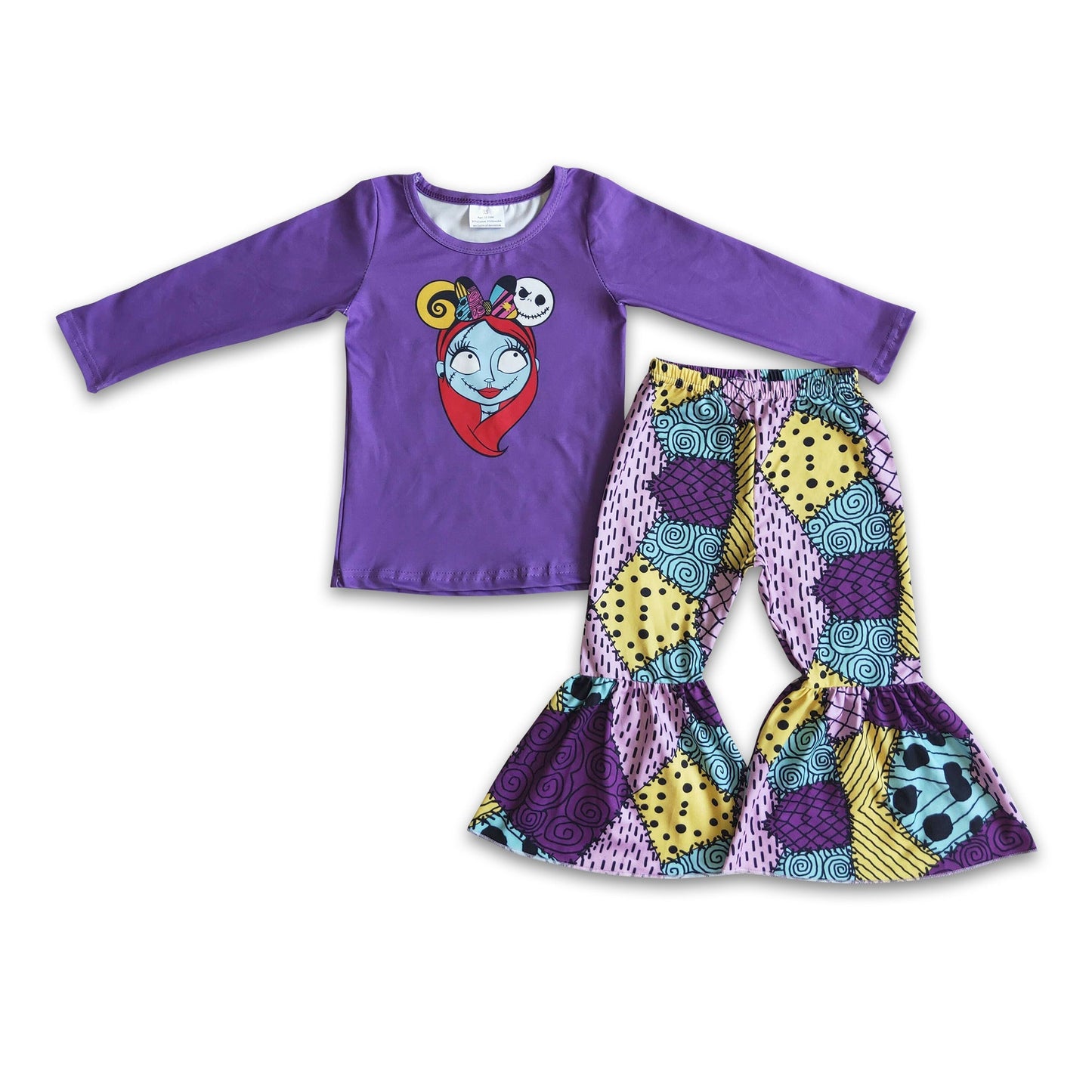 Purple skull print shirt patchwork bell bottom pants Halloween clothing set