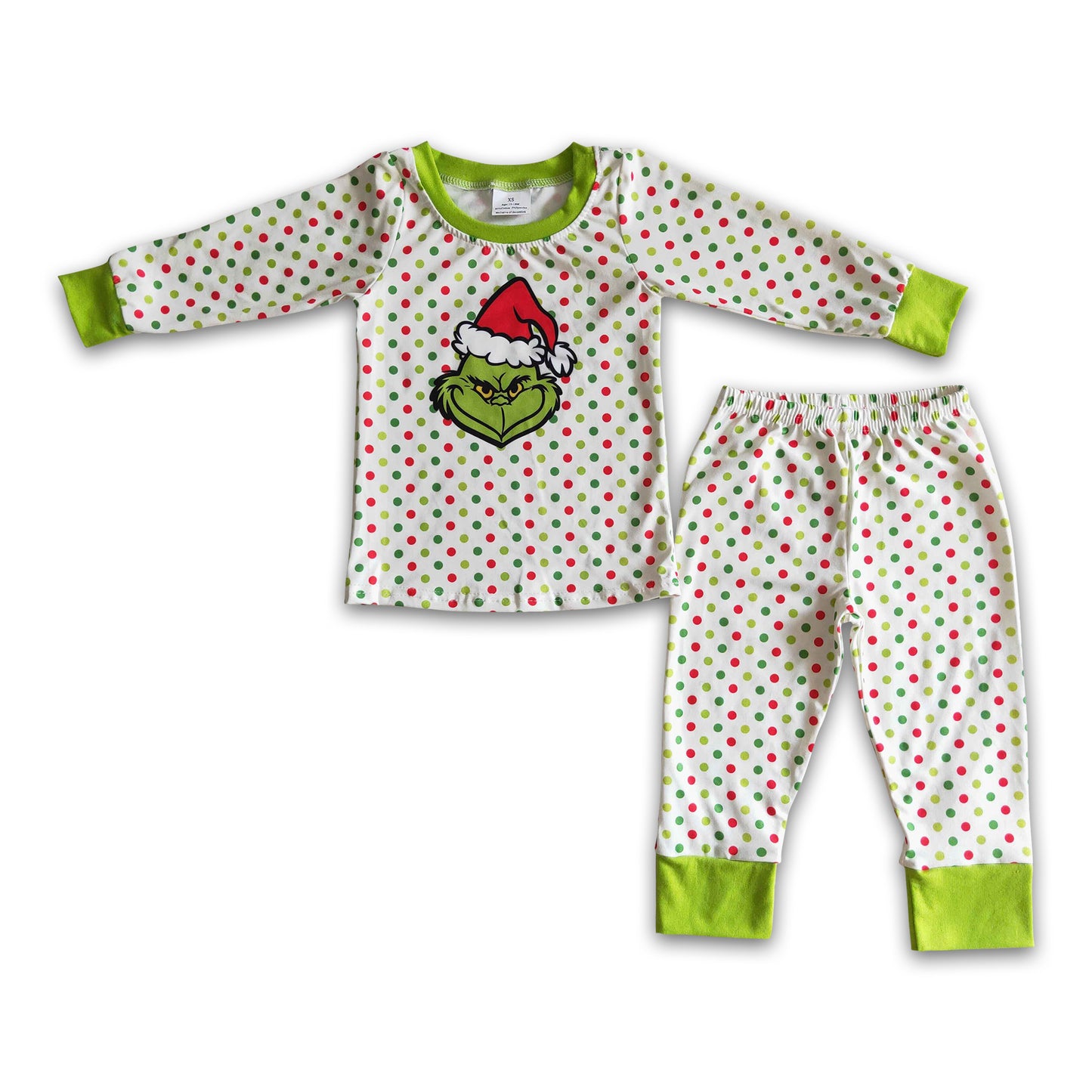 Polka dots long sleeve green face boy Christmas pajamas