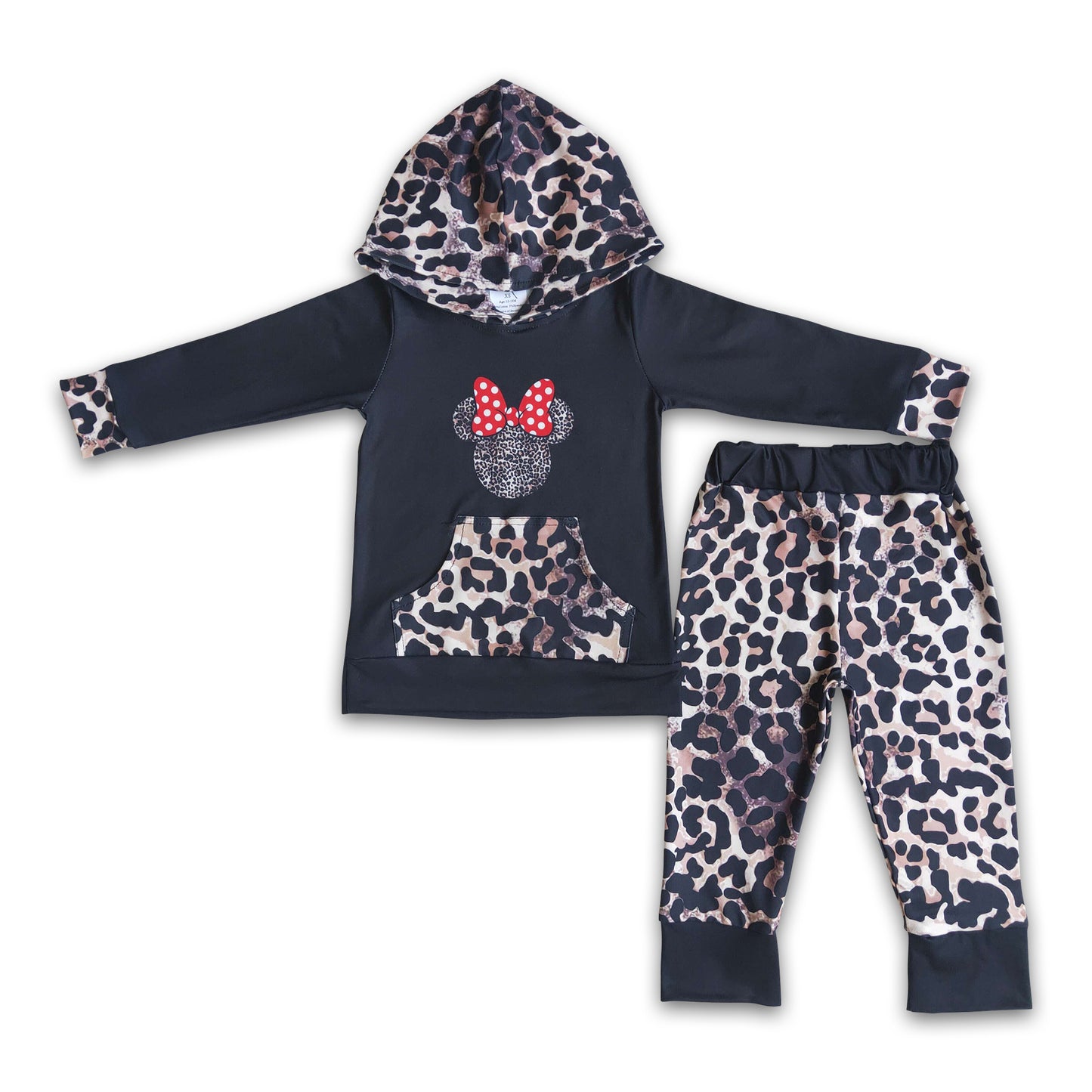 Black leopard bow mouse print hoodie baby girls clothing set