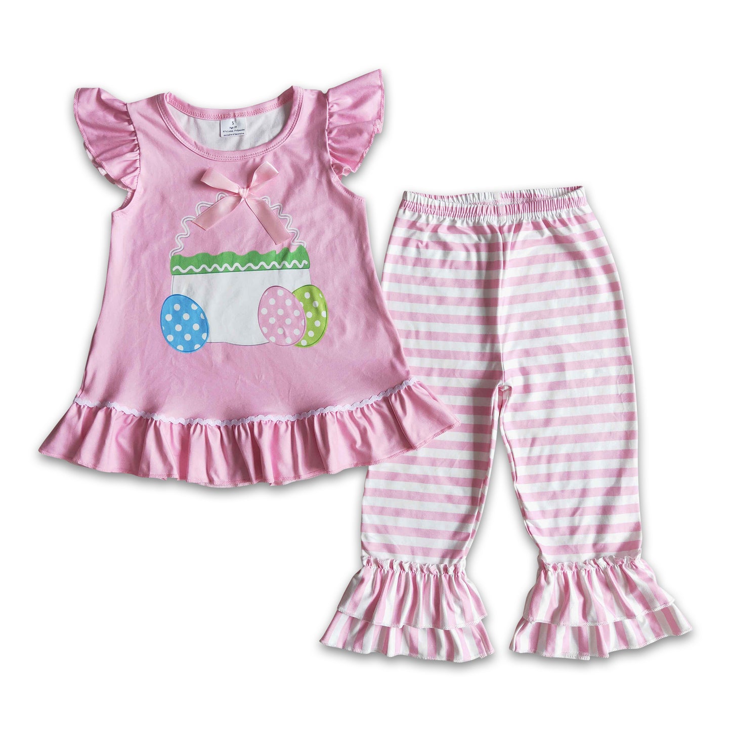 Pink flutter sleeve egg print ruffle pants girls easter clothes