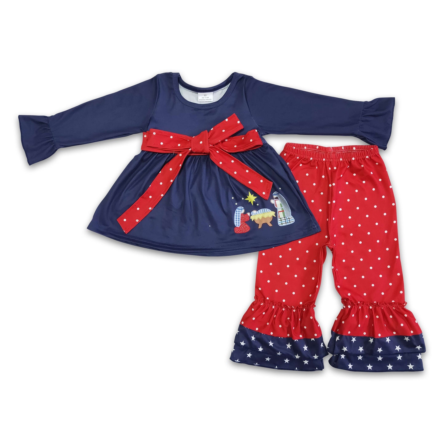 Navy Nativity print belt tunic polka dots ruffle pants girls Christmas clothes