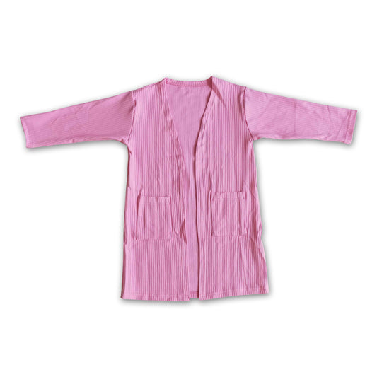 Hot pink long sleeve pockets cotton cardigan
