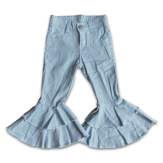 Sky blue color adjustable waistband ruffle bell bottom denim pants
