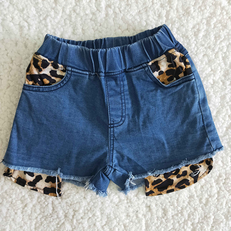 Girl Blue Leopard pocket denim shorts