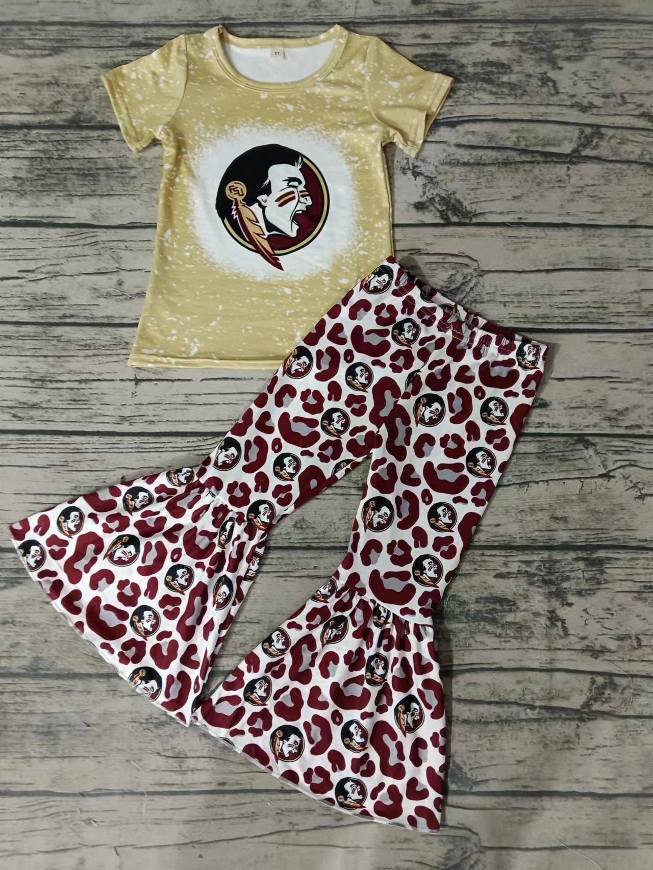 MOQ 3 pcs feather top maroon leopard pants girls team clothes