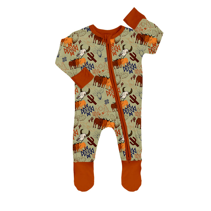 MOQ 5 PCS cow cactus baby western footed zipper coverall