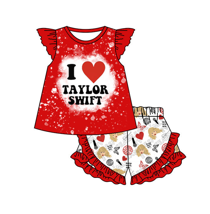 MOQ 3 Red I love top ruffle shorts ears singer girls outfits