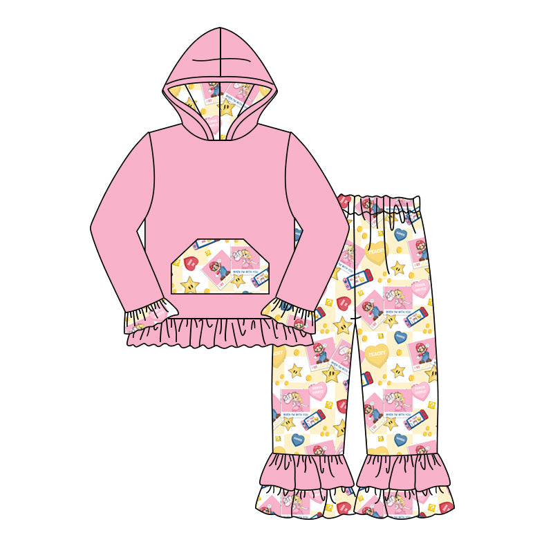 MOQ 5 pink hoodie heart ruffle pants game girls clothes