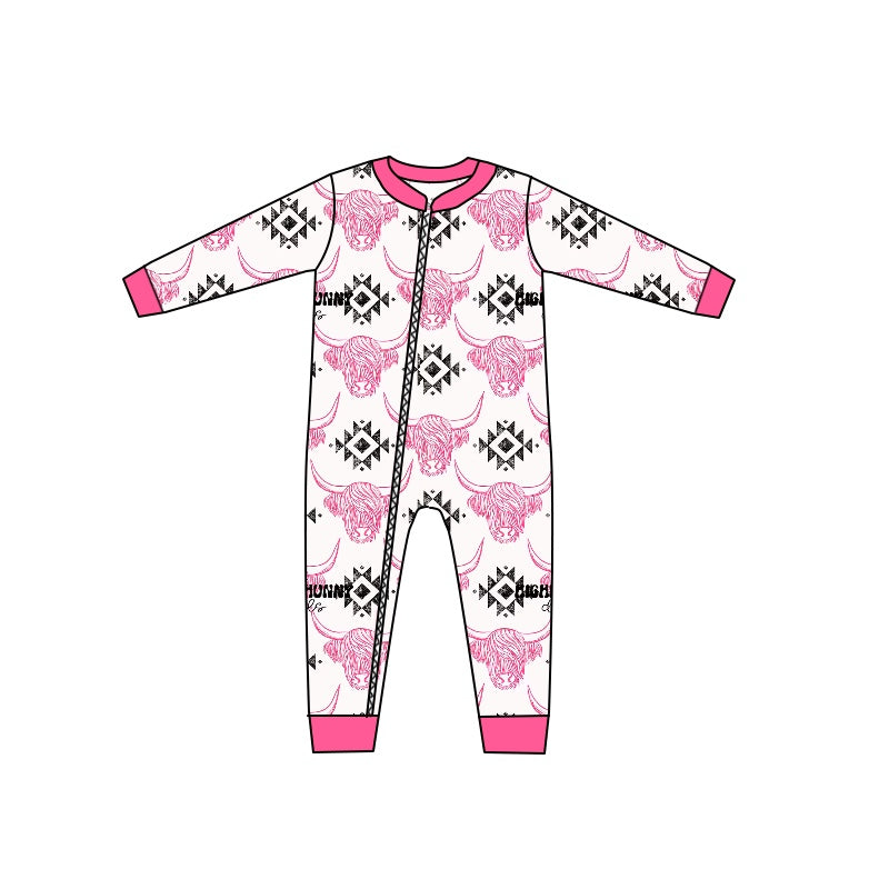 MOQ 5 PCS hot pink highland cow aztec baby girls zipper romper