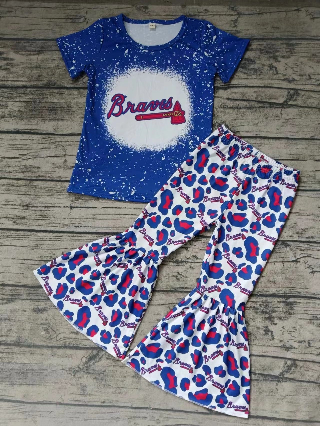 MOQ 3 pcs blue brave bleached top leopard pants girls team clothes