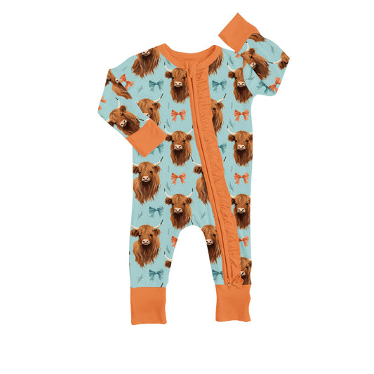 MOQ 5 PCS highland cow bow ruffle baby girls zipper romper