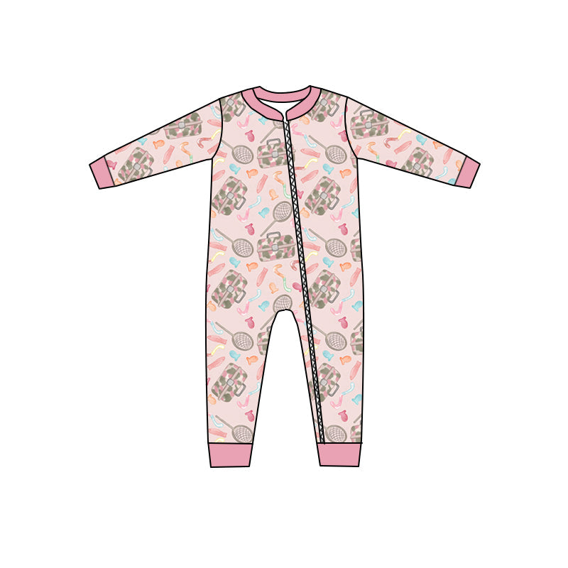 MOQ 5 PCS pink long sleeves baby girls fishing zipper romper