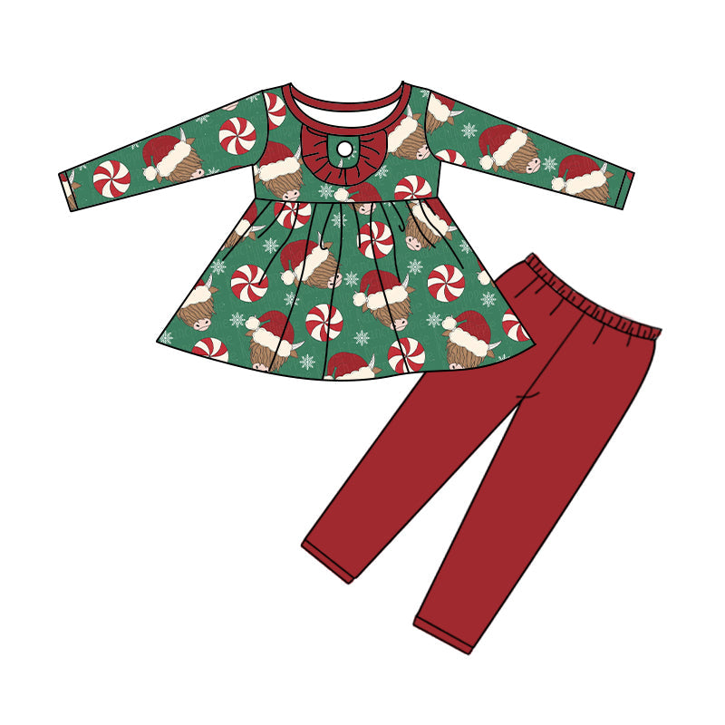 MOQ 5 highland cow candy tunic leggings girls Christmas set