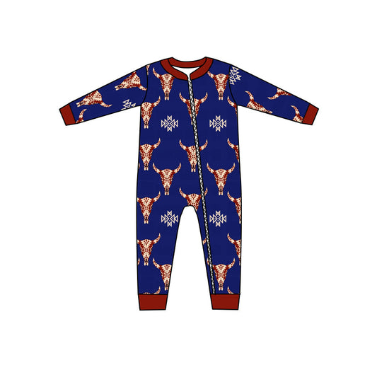 MOQ 5 PCS blue bull skull aztec baby kids zipper romper