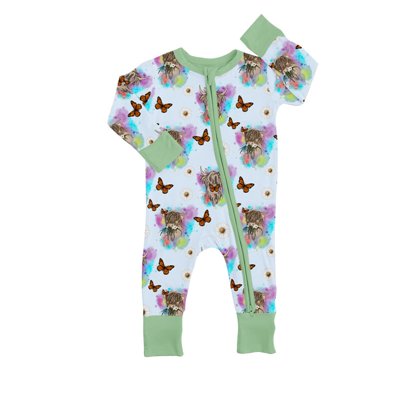 MOQ 5 PCS highland cow butterfly baby girls zipper romper