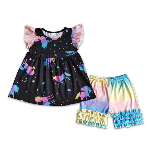 Unicorn flutter sleeve tunic colorful shorts kids clothing set