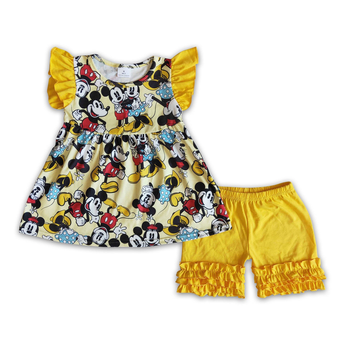 Yellow flutter sleeve mouse shirt icing ruffle shorts girls summer clothing set