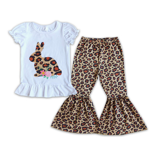 Bunny print shirt leopard bell bottom pants girls easter clothing