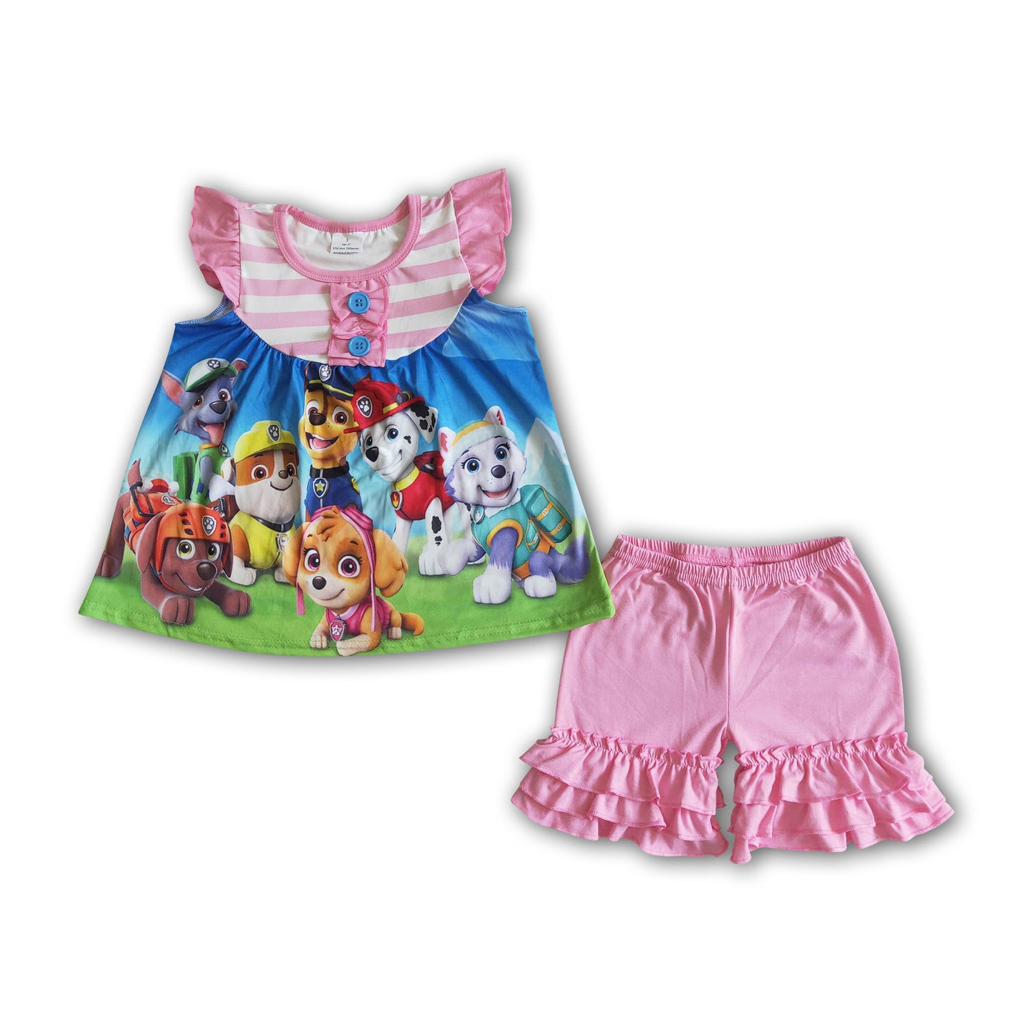 Flutter sleeve cute dog print shirt pink shorts girls summer outfits