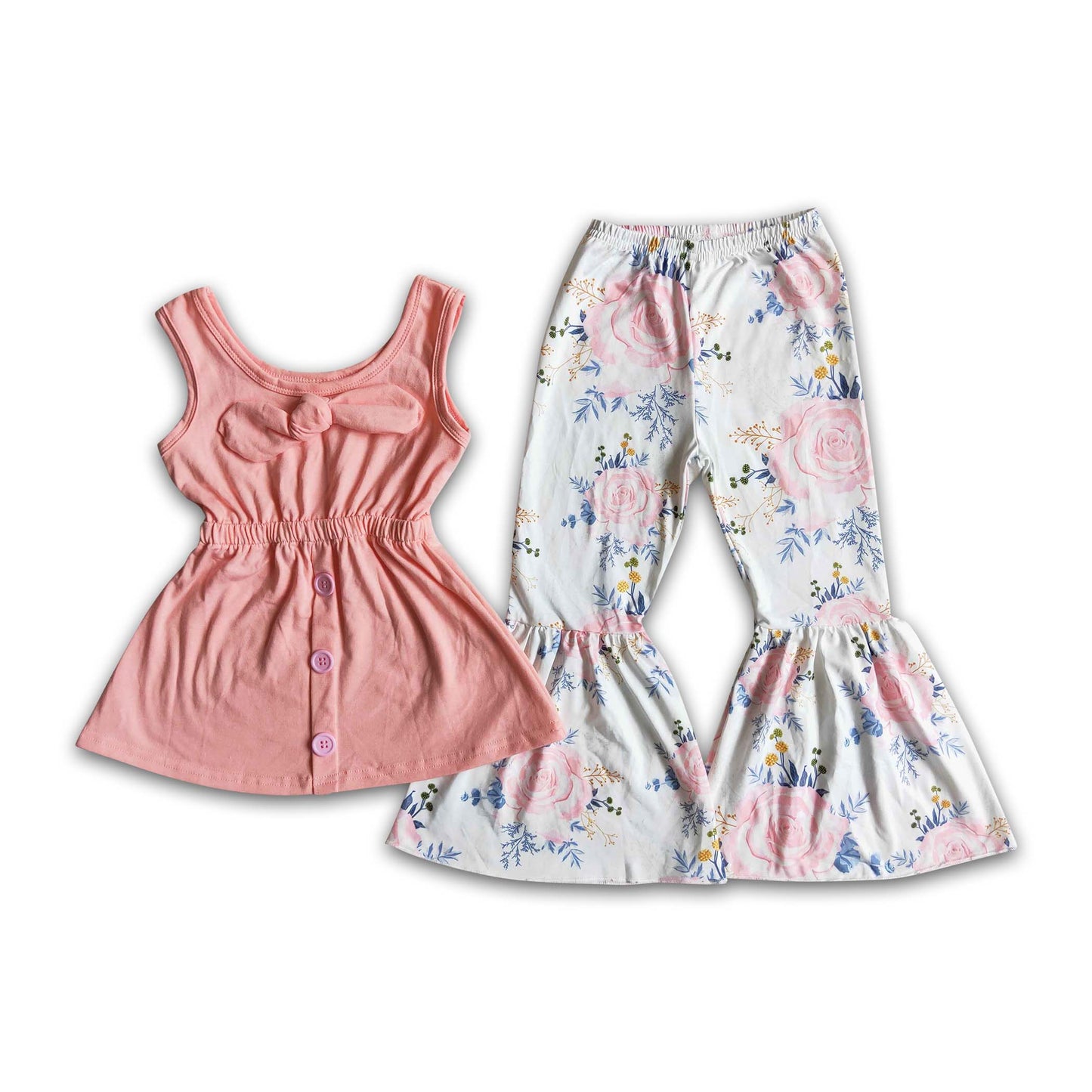 Girl Solid Floral Bell Bottom Outfit