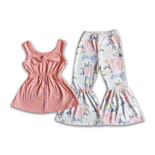 Girl Solid Floral Bell Bottom Outfit