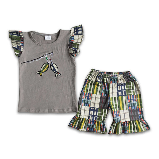 Fishing embroidery cotton shirt ruffle shorts girls clothing