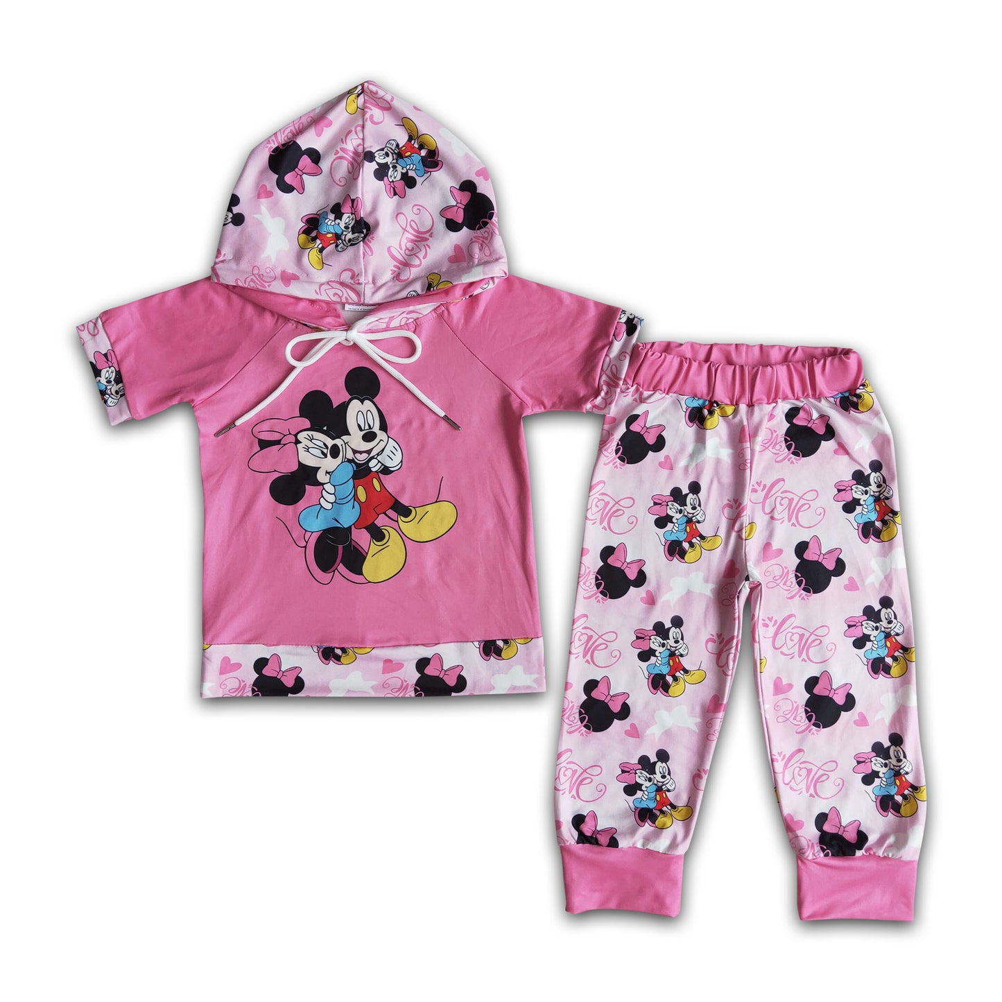 Pink short sleeve screen print shirt mouse pants girls boutique hoodie set