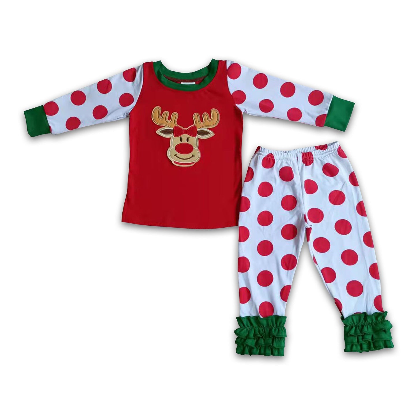Reindeer embroidery polka dots cotton Christmas pajamas