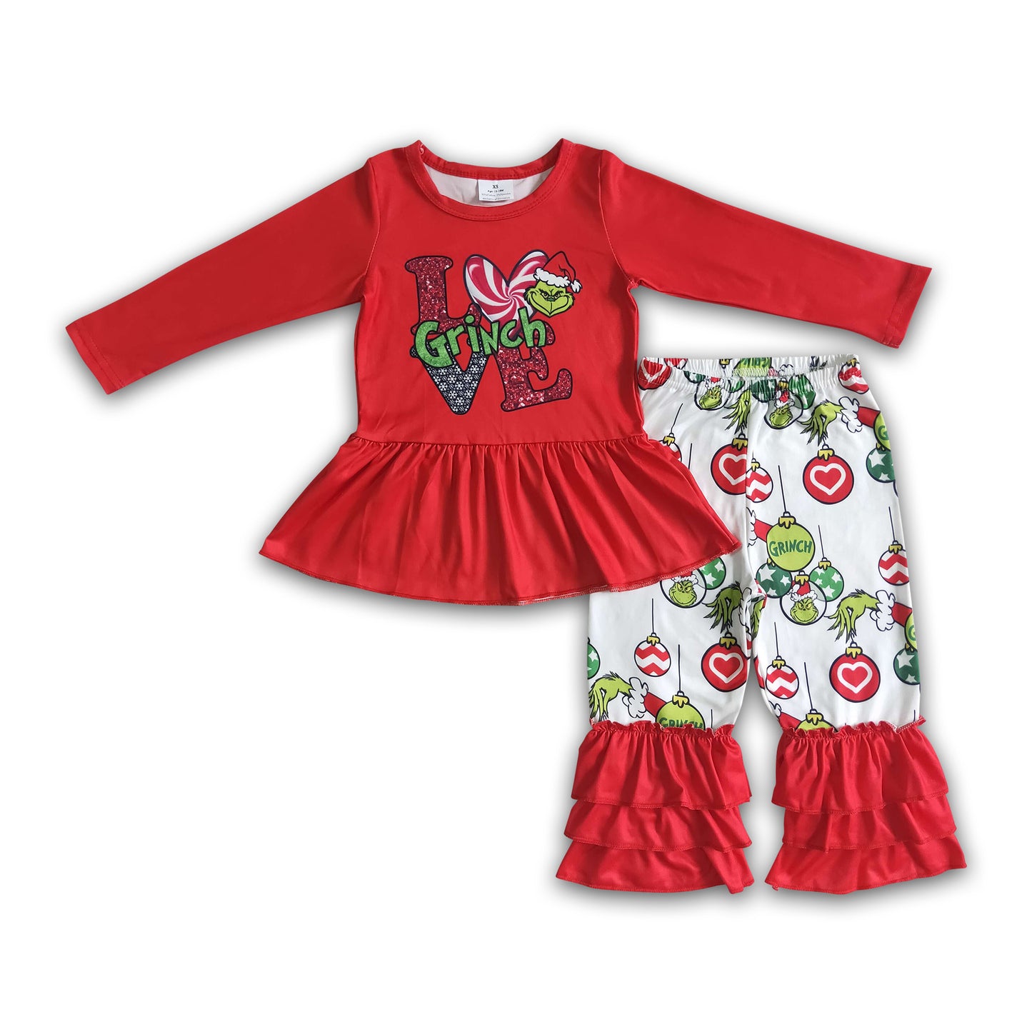 LOVE green face print red shirt pants Christmas outfits