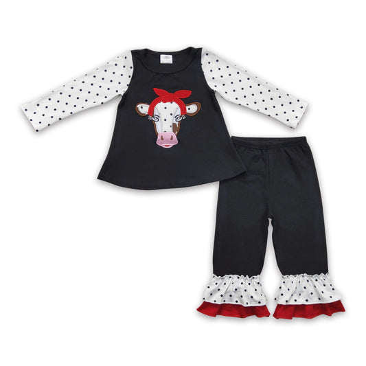 Cow embroidery tunic ruffle pants children clothing set
