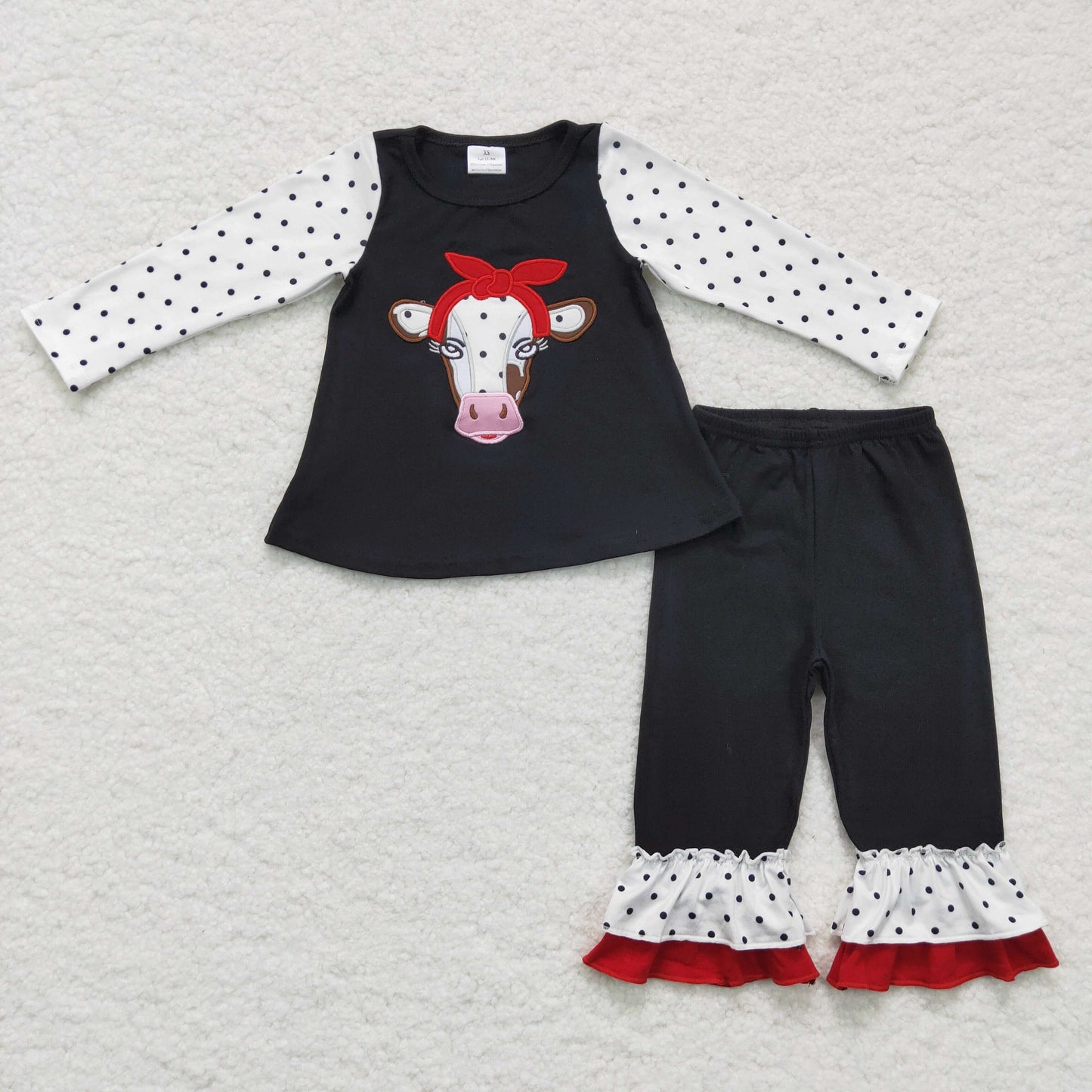 Cow embroidery tunic ruffle pants children clothing set