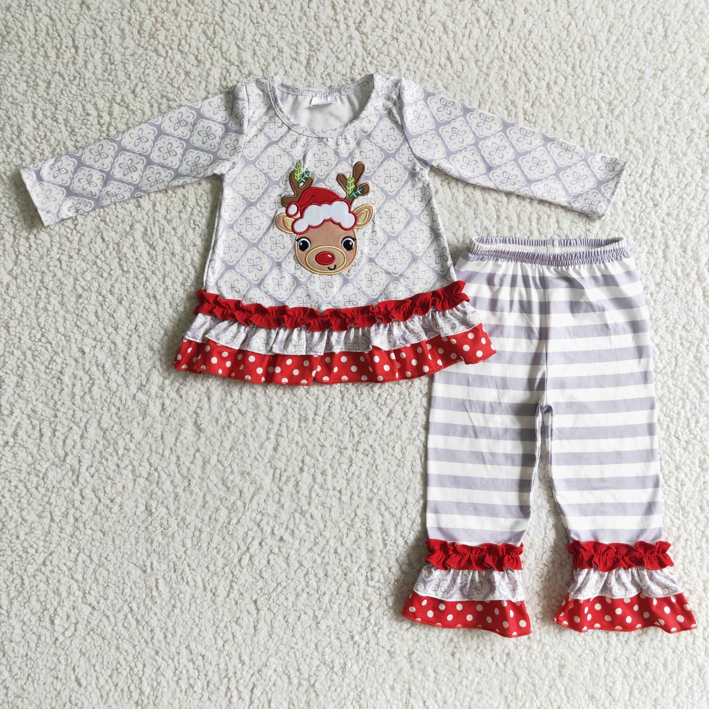 Reindeer embroidery ruffle pants girl Christmas outfits