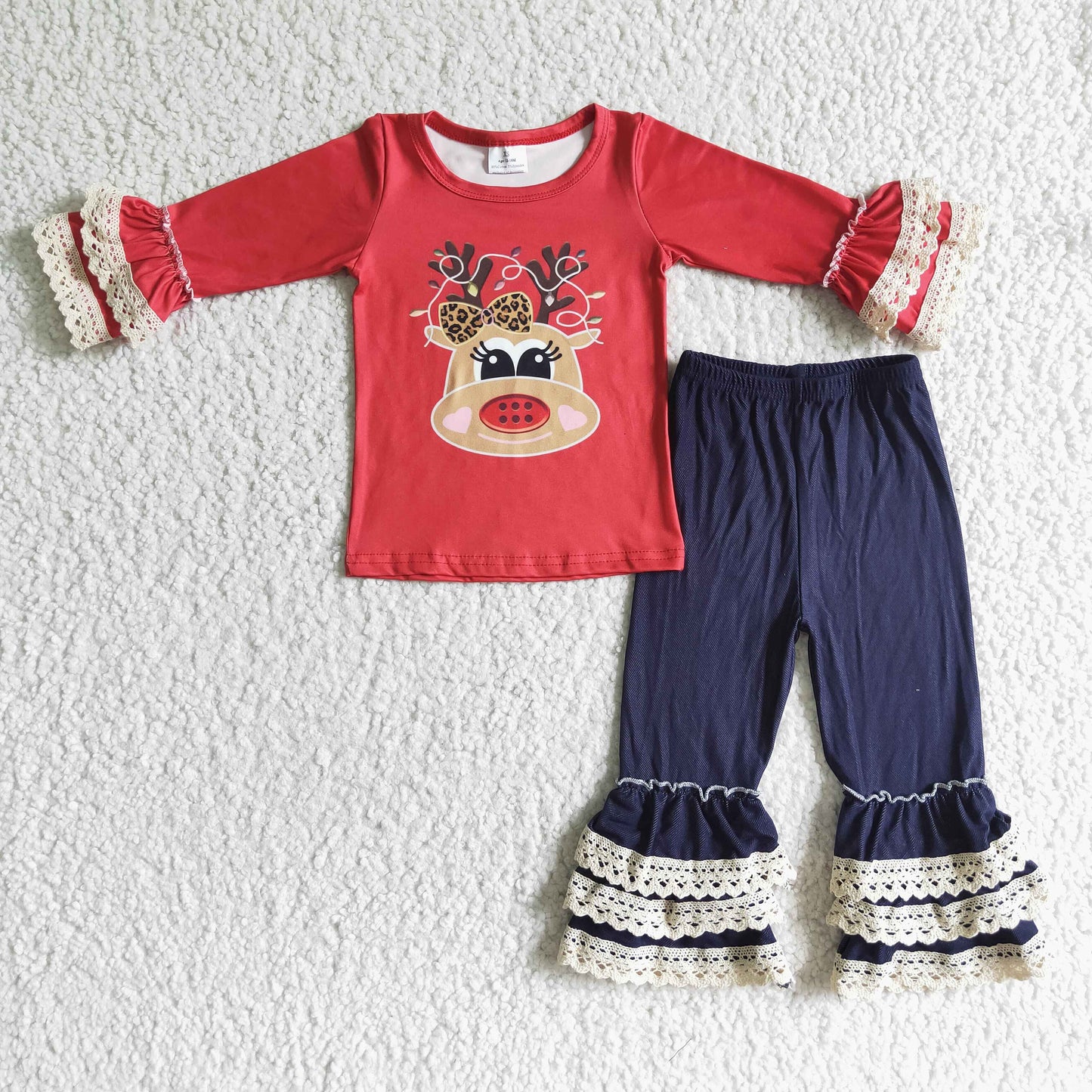 Knit cotton denim pants girls Christmas clothing sets