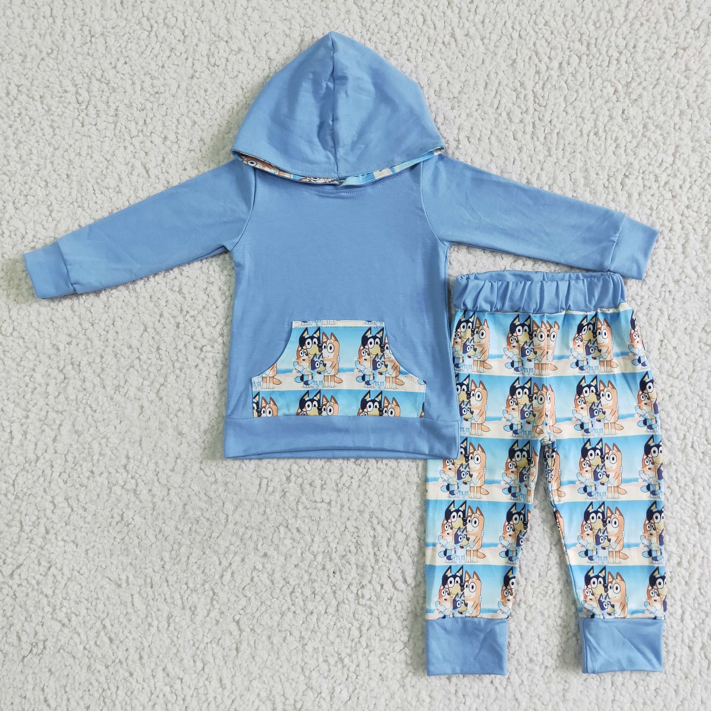 Blue dog cotton boy hoodie clothing set