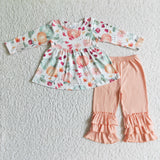 Long sleeve pumpkin print triple ruffle pants girls fall clothing