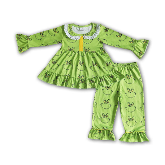 Tunic match pants green face girls Christmas Pjs