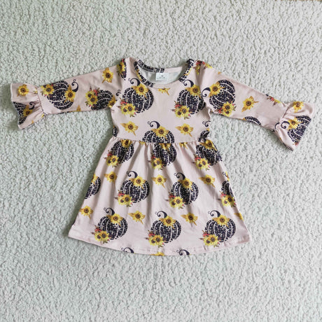 Girl Sunflowers Pumpkin Long Sleeve Dress