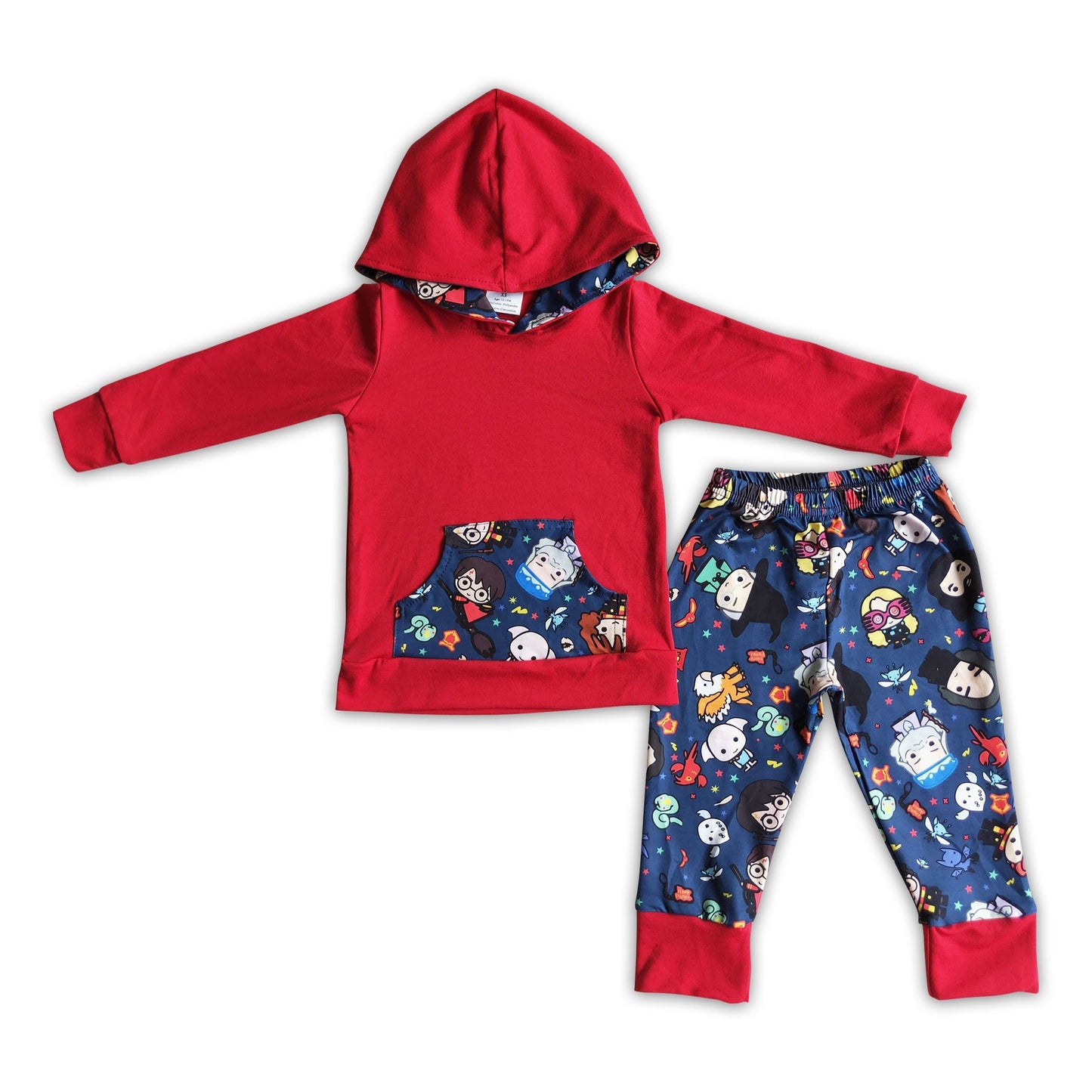 Red hoodie magic pants boy fall winter outfits