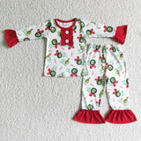 Girls long sleeve green face print Christmas pajamas