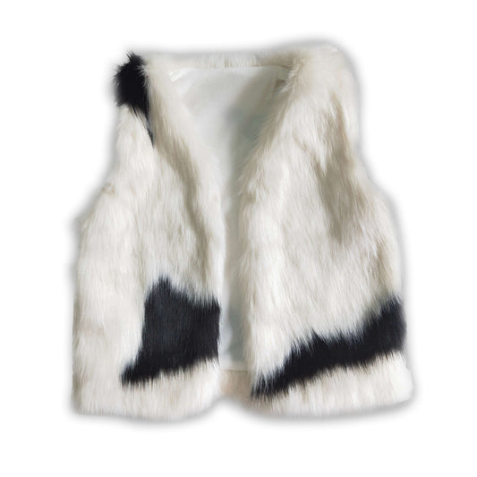 Cow print faux fur girls vest