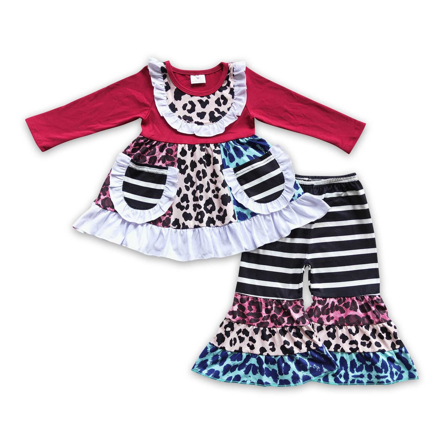 Maroon leopard pocket patchwork baby girls clothing