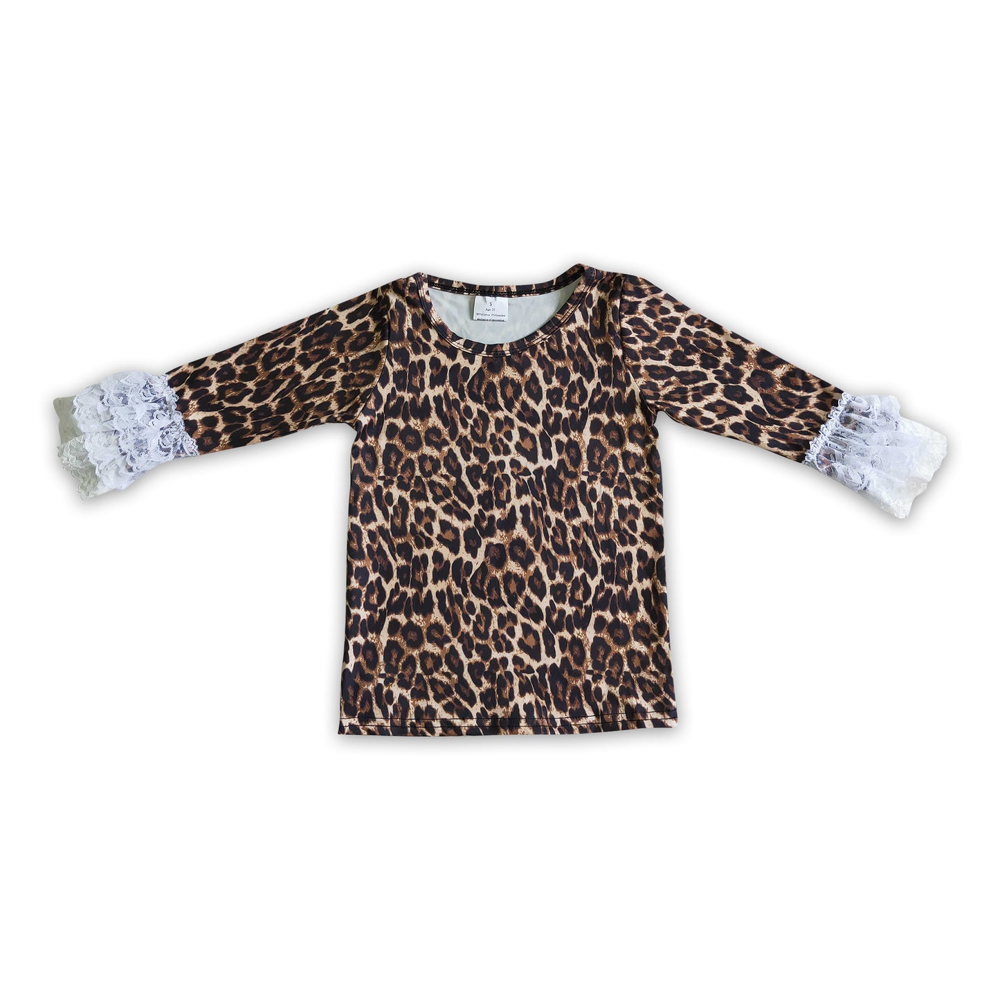 Leopard lace ruffle sleeves girls fall shirt
