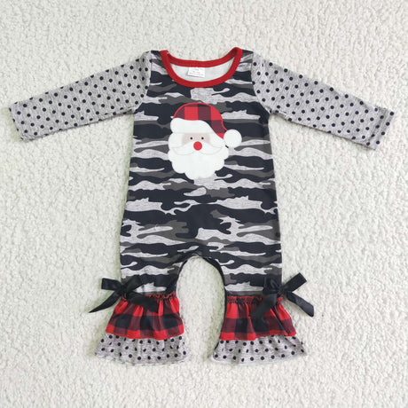 Santa print camo print ruffle baby girl romper