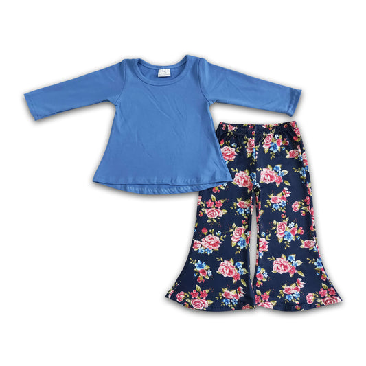 Blue cotton top floral pants toddler girls clothing