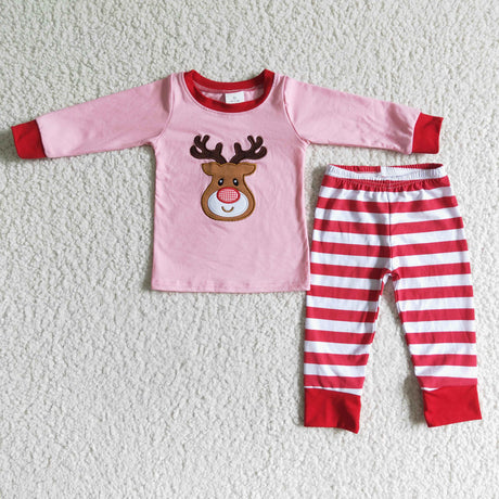 Pink reindeer applique cotton girls Christmas pjs