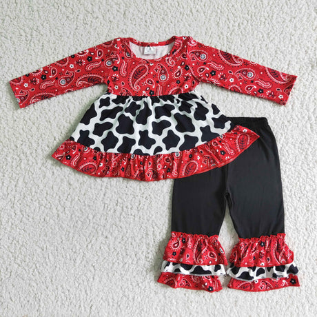 Paisley cow print tunic ruffle pants girls clothing set