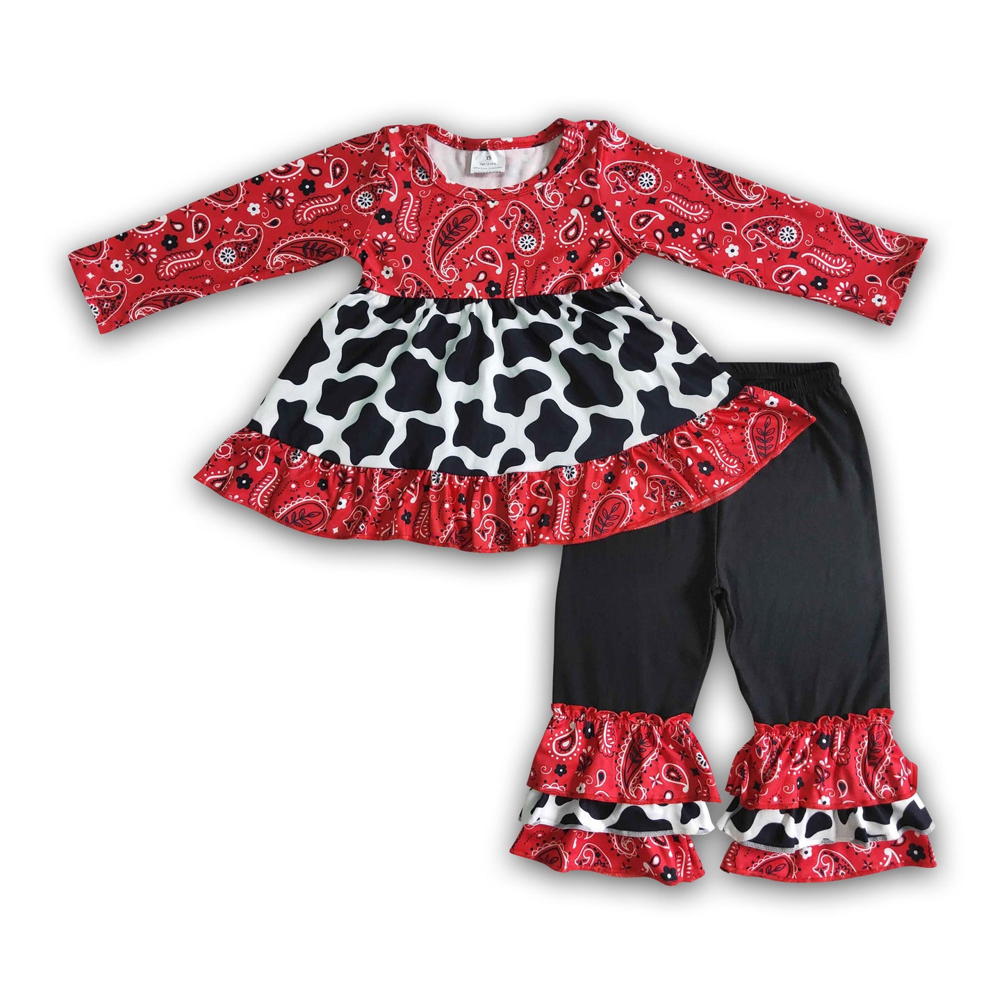 Paisley cow print tunic ruffle pants girls clothing set