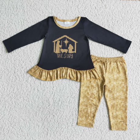 True story shirt golden color legging nativity girls Christmas clothing